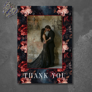 Dark Gothic Vintage Red Pink Floral Photo Wedding Thank You Card