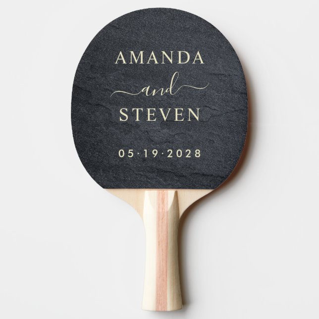 Dark Granite Stone Couple Names with Wedding Ping Pong Paddle (Back)