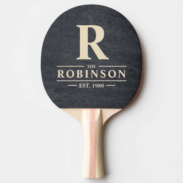Dark Granite Stone Family Name & Initial Ping Pong Paddle (Front)