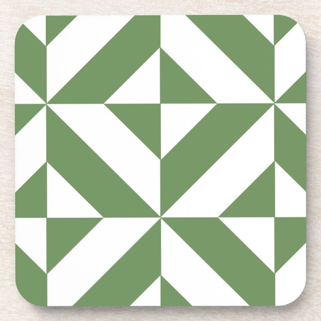 Dark Grass Green Geometric Deco Cube Pattern Coaster (Front)