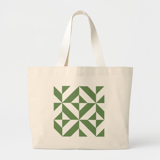 Dark Grass Green Geometric Deco Cube Pattern Large Tote Bag (Front)