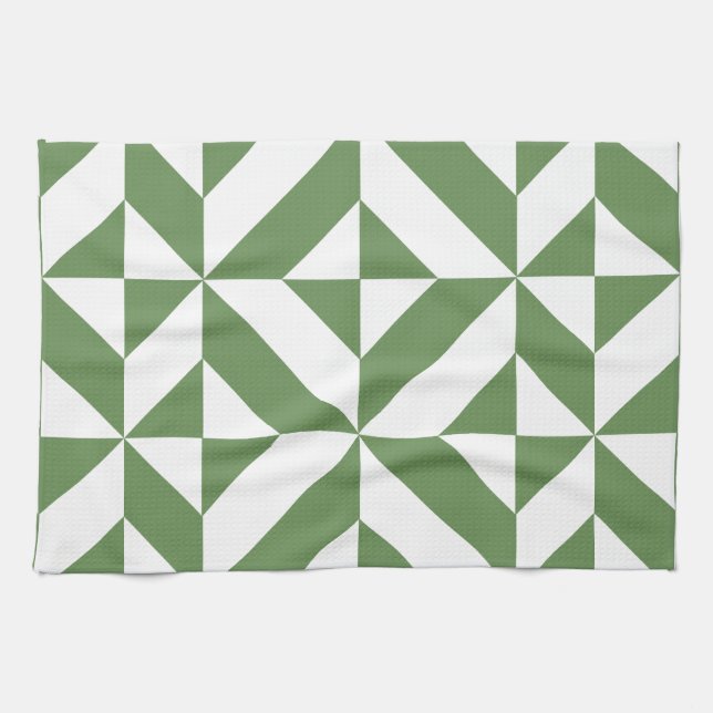 Dark Grass Green Geometric Deco Cube Pattern Tea Towel (Horizontal)