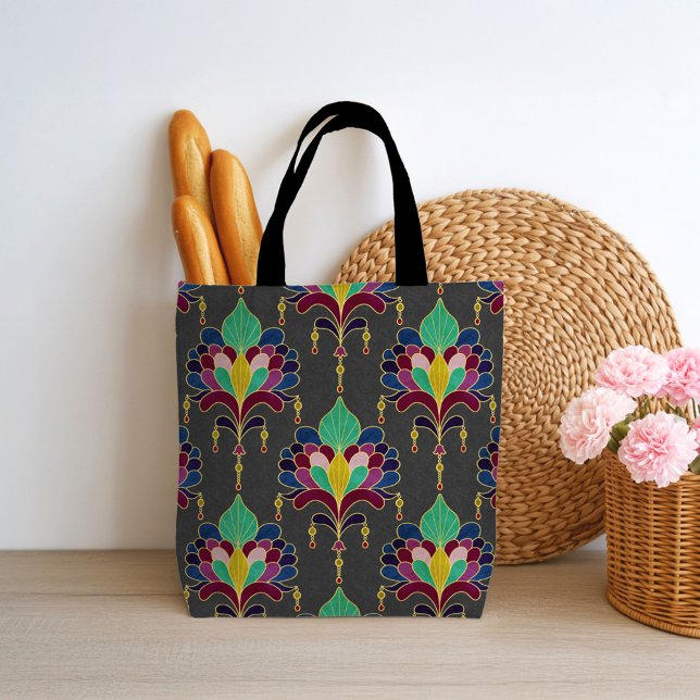 Dark Gray and Gold Art Deco Floral Ornament Tote Bag (Creator Uploaded)