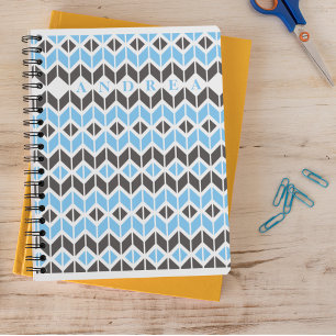 Dark Gray Blue Name Geometric Herringbone Notebook