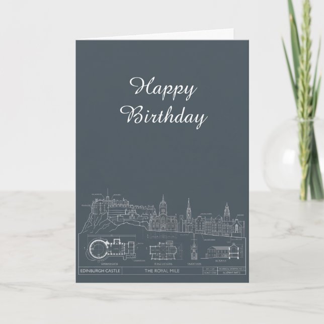 Dark Gray Edinburgh Castle Skyline Birthday Card (Front)
