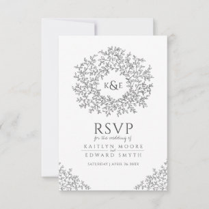 Dark gray hand drawn leaf monogram RSVP wedding Card
