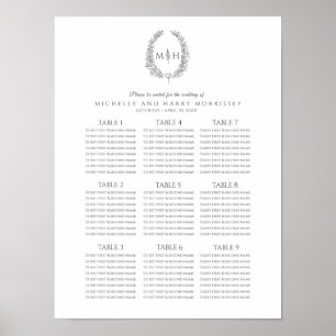 Dark gray leaves wreath wedding seating chart