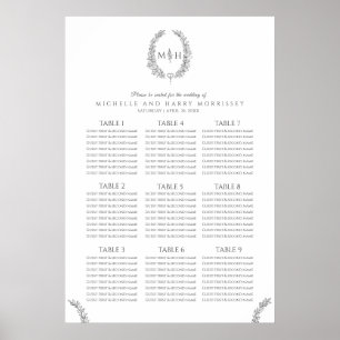 Dark gray leaves wreath wedding seating chart