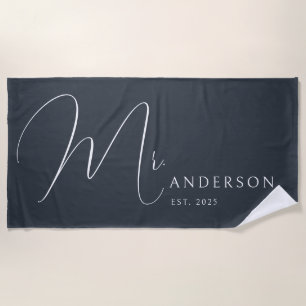 Dark Gray Newlyweds Mr Name Personalized Honeymoon Beach Towel