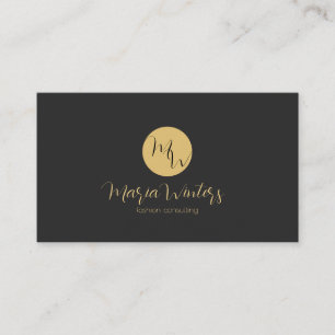 Dark- gray & white modern monogram, gold accent business card