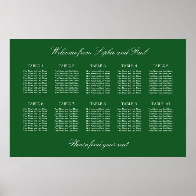 Dark Green 10 Table Wedding Seating Chart Poster (Front)