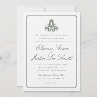 Dark Green "A" Monogram Wedding Invitation