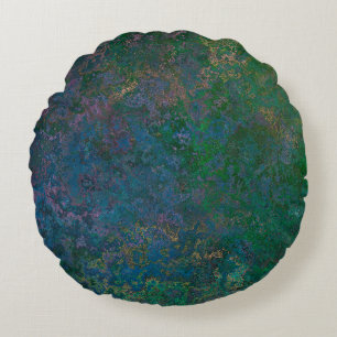 Dark Green and Blue Alcohol Ink Abstract Round Cushion