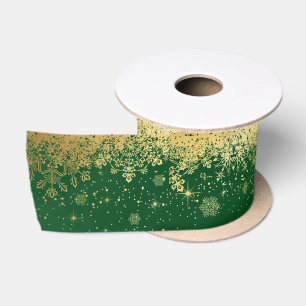 Dark Green and Gold Christmas Snowflakes Satin Ribbon