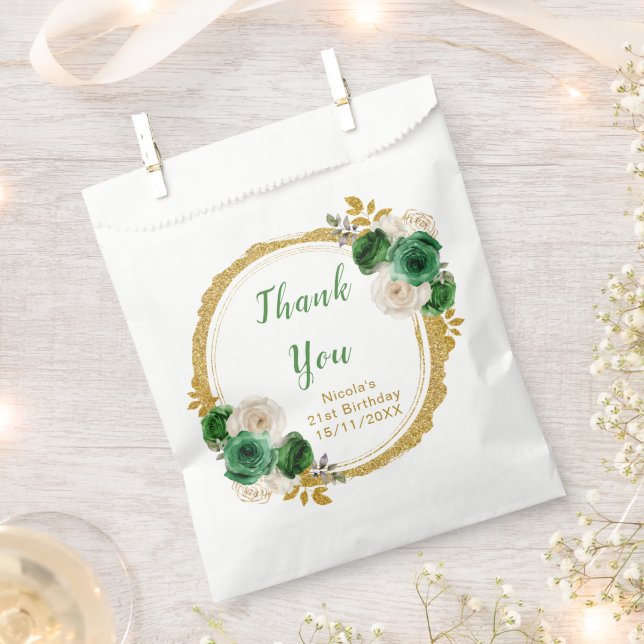 Dark Green and Gold Elegant Flowers Birthday Party Favour Bags (Clipped)