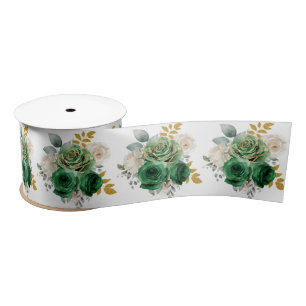 Dark Green and Gold Elegant Flowers Satin Ribbon