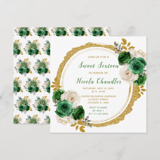 Dark Green and Gold Elegant Flowers Sweet Sixteen Invitation (Front/Back)