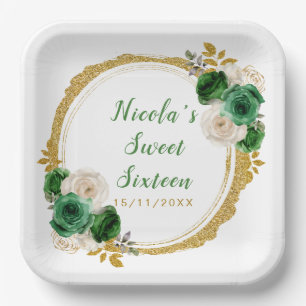 Dark Green and Gold Elegant Flowers Sweet Sixteen Paper Plate