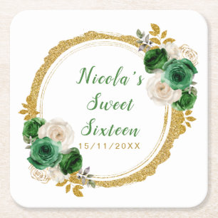 Dark Green and Gold Elegant Flowers Sweet Sixteen Square Paper Coaster