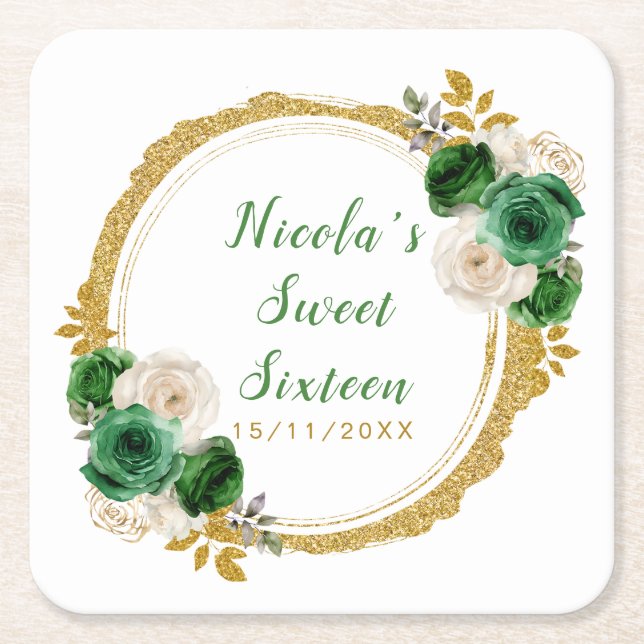 Dark Green and Gold Elegant Flowers Sweet Sixteen Square Paper Coaster (Front)