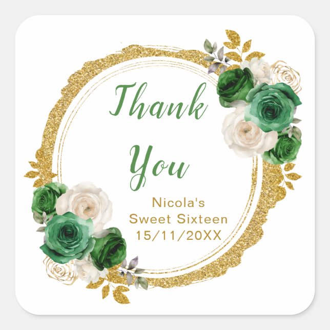 Dark Green and Gold Elegant Flowers Sweet Sixteen Square Sticker (Front)
