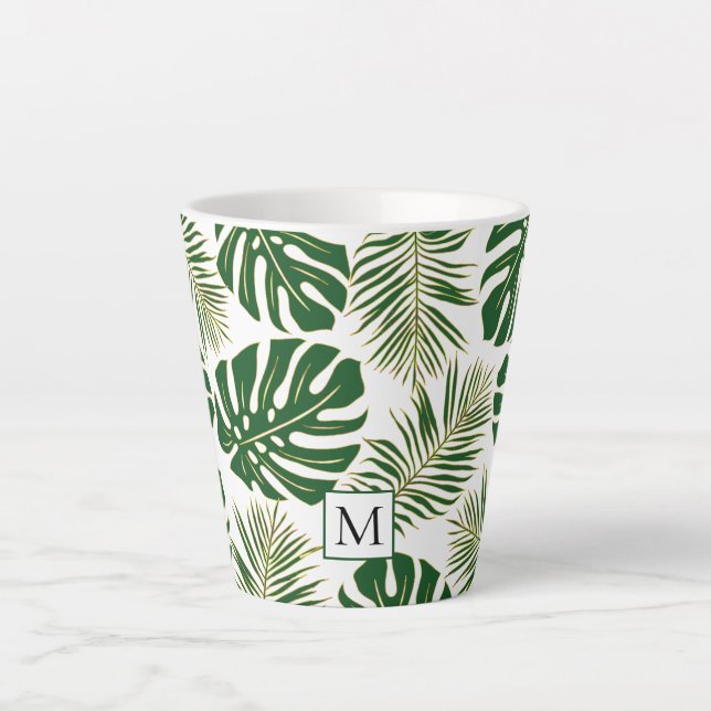 Dark green and gold leaves and monogram latte mug (Front)