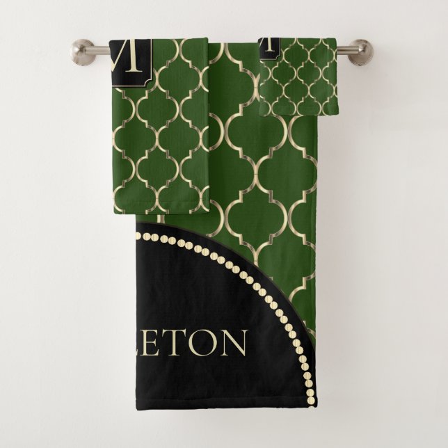 Dark Green and Gold Quatrefoil - Monogram Bath Towel Set (Insitu)