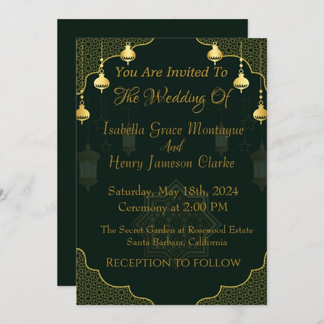 Dark green and gold script wedding invitation (Front/Back)