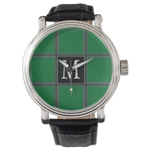 Dark Green and Grey Custom Single Initial Striped Watch