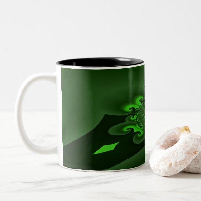 Dark Green And Lime Spiral Wave Two-Tone Coffee Mug (With Donut)