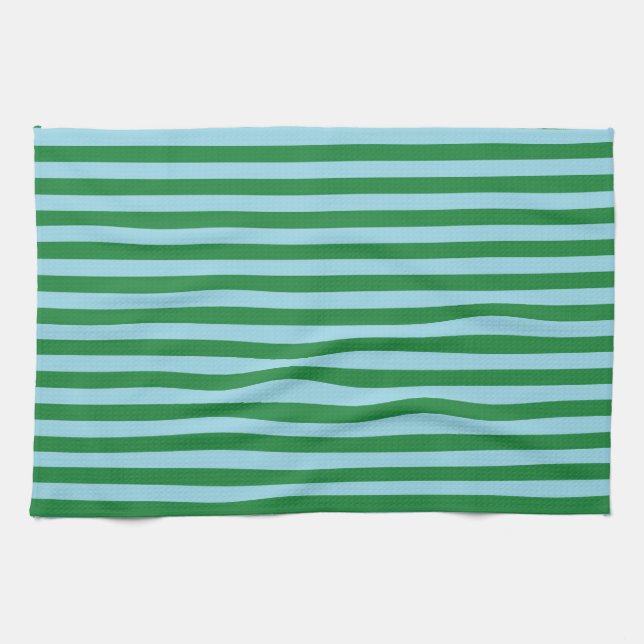 Dark Green and Pastel Blue Stripes Tea Towel (Horizontal)