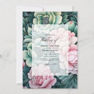 Dark Green and Pastel Pink Floral Wedding Invitation