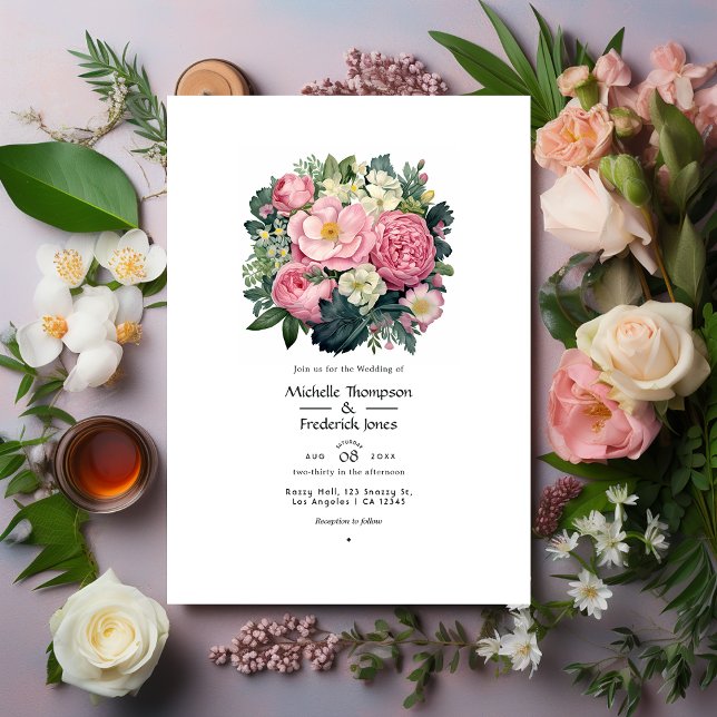 Dark Green and Pastel Pink Floral Wedding Invitation (Creator Uploaded)