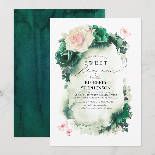 Dark Green and Pink Floral Bohemian Sweet 16th Invitation (Front/Back)