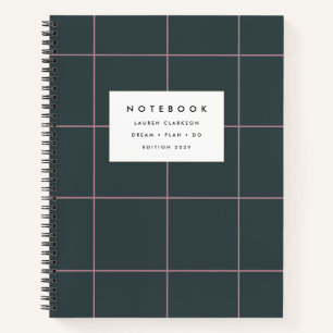 Dark Green and Pink Grid Notebook