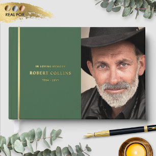 Dark Green and Real Foil, In Loving Memory Funeral Guest Book