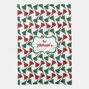 Dark Green and Red Christmas Tree Pattern Tea Towel