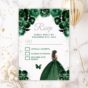 Dark Green and Silver Brunette Hair Princess RSVP Card
