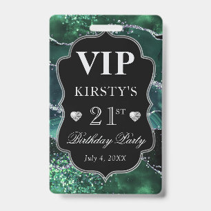 Dark Green and Silver Glitter Agate Birthday VIP ID Badge