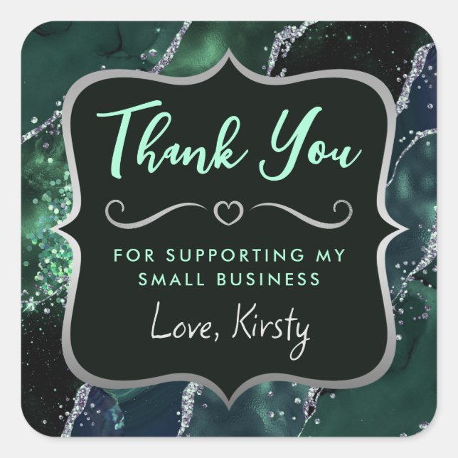Dark Green and Silver Glitter Agate Small Business Square Sticker (Front)