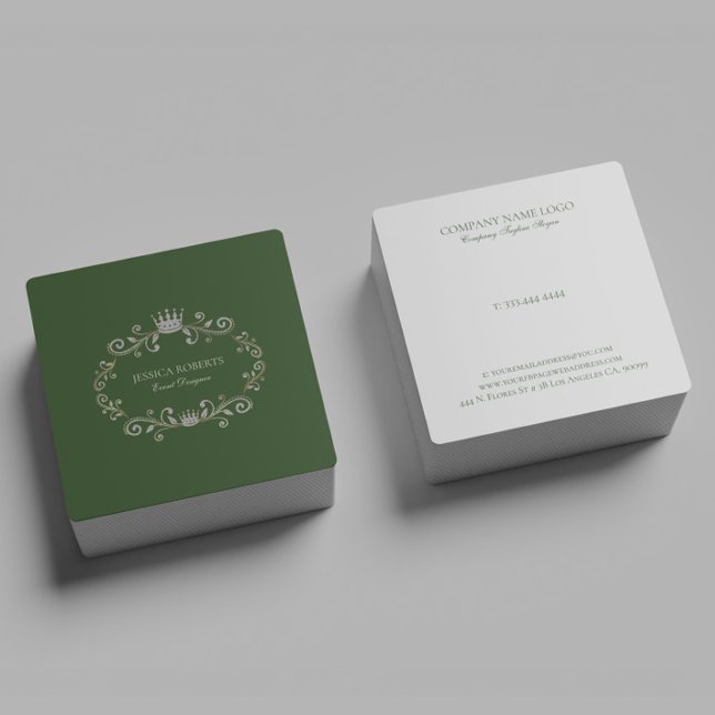 Dark-Green And Silver Glitter Ornate Frame  Square Business Card (Creator Uploaded)
