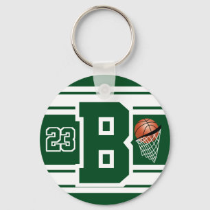 Dark Green and White Basketball Letter and Number Key Ring