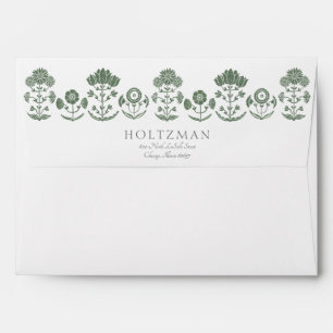 Dark Green and White Botanical Block Print Wedding Envelope