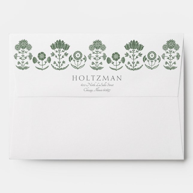 Dark Green and White Botanical Block Print Wedding Envelope (Back (Top Flap))