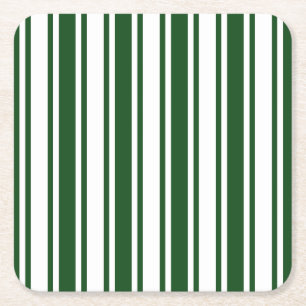 Dark green and white candy stripes square paper coaster