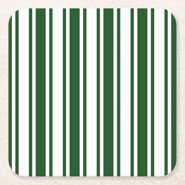 Dark green and white candy stripes square paper coaster (Front)
