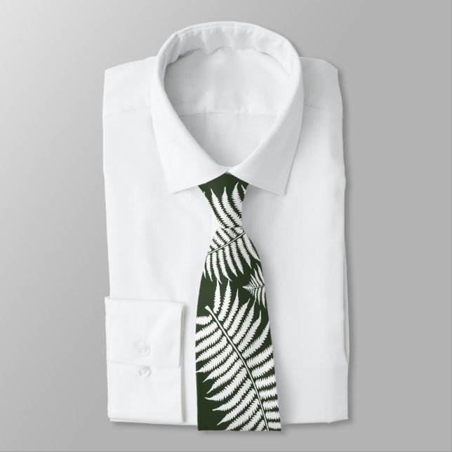 Dark Green and White Fern Design Tie (Tied)
