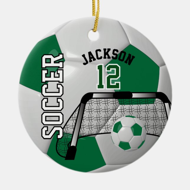 Dark Green and White Personalise Soccer Ball Ceramic Tree Decoration (Front)