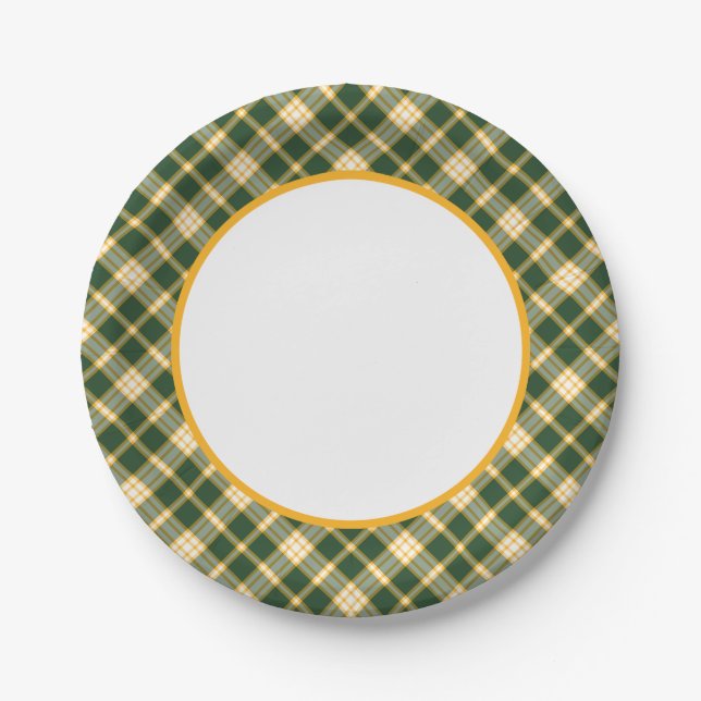 Dark Green and Yellow Gold Sporty Plaid Border Paper Plate (Front)