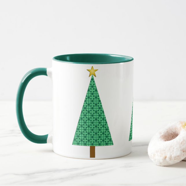 Dark Green Arabesque Modern Christmas Tree Mug (With Donut)